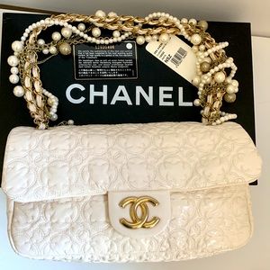 CHANEL, Bags, Chanel Rare Vintage Cream Fabric Camellia Flower Classic  Flap Bag Real Gold Hw